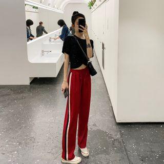 Sequined Knotted Short-sleeve T-shirt / Striped Wide Leg Pants