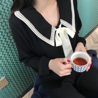 Contrast-trim Bow Accent Long-sleeve Blouse