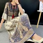 Elbow-sleeve Graphic Print Midi A-line Dress
