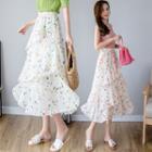 Floral Print Ruffled Midi Chiffon Skirt