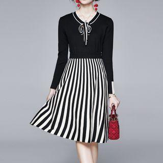 Set: Tie-neck Long-sleeve Knit Top + Striped A-line Skirt
