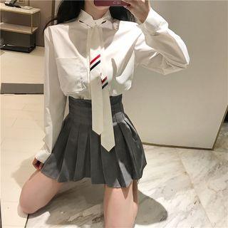 Tie-neck Long-sleeve Shirt White - One Size