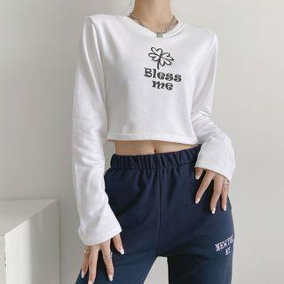 Long-sleeve Flower Print Lettering Cropped T-shirt