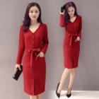 Long-sleeve V-neck Slit-front Dress