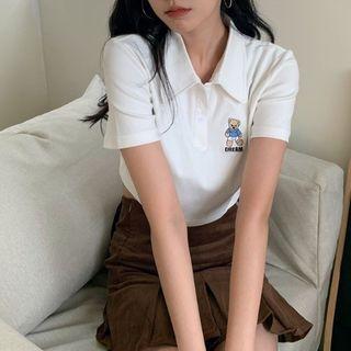 Short-sleeve Bear Print Polo Shirt White - One Size