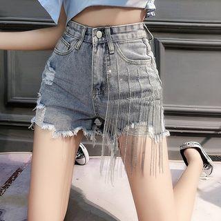 Rhinestone Fringe Washed Denim Shorts