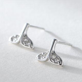 925 Sterling Silver Rhinestone Whale Tail Stud Earring 925 Sterling Silver - With Silicone Earring Backs - 1 Pair - One Size