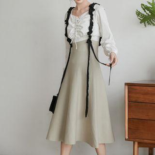 Lace-up Top / A-line Midi Skirt