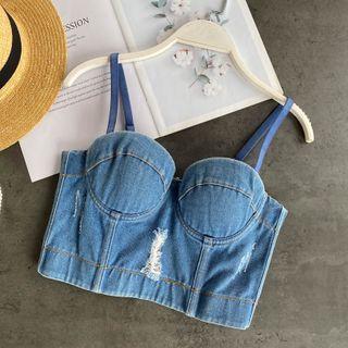 Distressed Denim Cropped Camisole Top