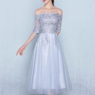 Elbow-sleeve Evening Gown