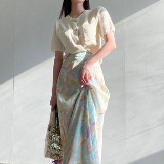 Short-sleeve Pocket Detail Blouse / Flower Print Midi A-line Skirt