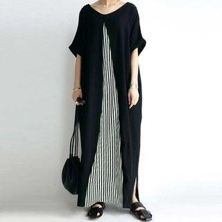 Short-sleeve Striped Panel Midi A-line Dress Black - One Size