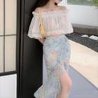 Puff-sleeve Off-shoulder Frill Trim Crop Top / Floral Print Midi A-line Skirt