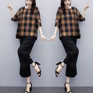 Set: Elbow-sleeve Plaid T-shirt + Wide-leg Pants