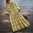 Short-sleeve Check Drawstring-waist A-line Dress