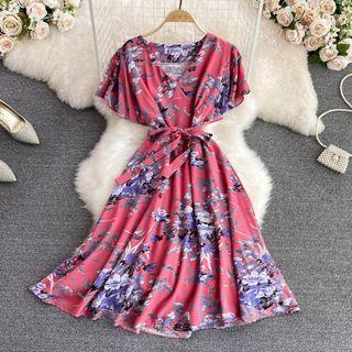 V-neck Floral Print A-line Dress With Sash