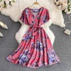 V-neck Floral Print A-line Dress With Sash