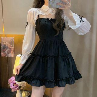 Spaghetti Strap A-line Dress / Puff-sleeve Crop Blouse