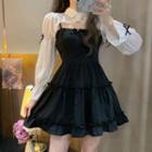 Spaghetti Strap A-line Dress / Puff-sleeve Crop Blouse
