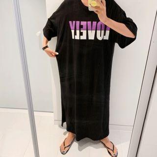 Round-neck Letter Print T-shirt Dress Black - One Size