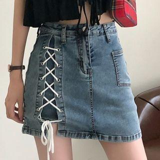 Lace-up Mini A-line Denim Skirt