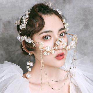 Wedding Faux Pearl Headpiece / Dangle Earring / Lensless Eyeglasses