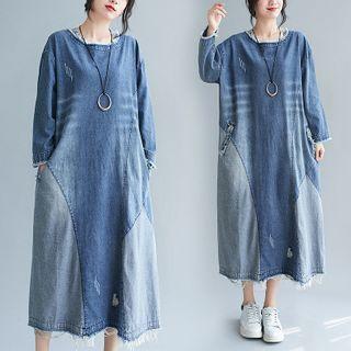 Distressed Long-sleeve Midi A-line Denim Dress