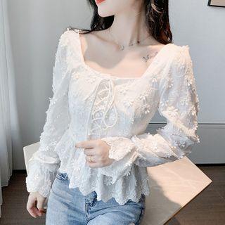 Long-sleeve Floral Applique Lace-up Peplum Top