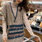 Set: Plain Long-sleeve T-shirt + Striped Fringed Trim Knit Pinafore Dress