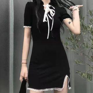 Short-sleeve Lace-up Lace Trim A-line Dress
