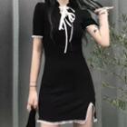 Short-sleeve Lace-up Lace Trim A-line Dress