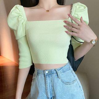 Elbow-sleeve Square-neck Knit Top