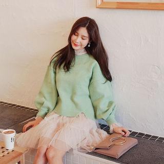 Balloon-sleeve Slit-hem Knit Top