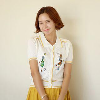 Short-sleeve Embroidered Cardigan Ivory - One Size