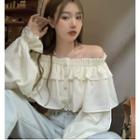 Long-sleeve Off-shoulder Button-up Blouse As Figure - One Size