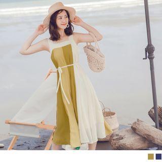 Tie-waist Color Block Sleeveless Midi Dress