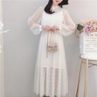 Set: Plain Slipdress + Flower Applique Midi Long-sleeve Lace Dress
