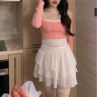 Long-sleeve Mock Two-piece Lace Trim T-shirt / Mini Tiered Skirt / Set