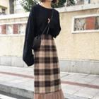 High-waist Pleated Mesh Panel Tweed Maxi Skirt