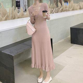 Ribbed Long-sleeve Midi A-line Knit Dress