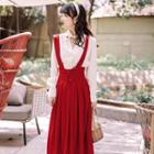 Set: Heart Embroidered Cut-out Blouse + Lace Up Midi Suspender Skirt