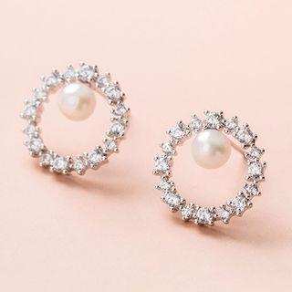 Faux Pearl Rhinestone Ear Stud 1 Pair - S925 Sterling Silver Earring - One Size