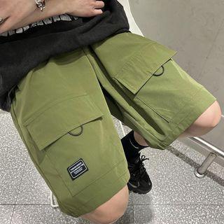 Drawstring Lettering Double Pocket Cargo Shorts