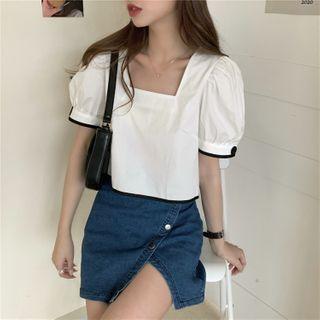 Square-neck Color Block Puff-sleeve Top
