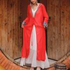 Hooded Embroidered Long Jacket Red - One Size