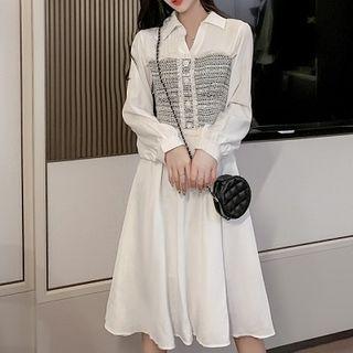 Collared Long-sleeve Tweed Panel Midi A-line Dress