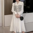 Collared Long-sleeve Tweed Panel Midi A-line Dress