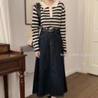 Set : Striped Long-sleeve Top + High-waist Denim Midi Skirt