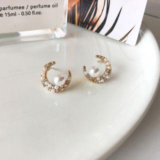 Faux Pearl Rhinestone Moon & Star Earring 1 Pair - S925 Silver - Earring - One Size
