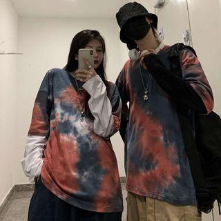 Panel Sleeve Tie-dyed Round Neck Top